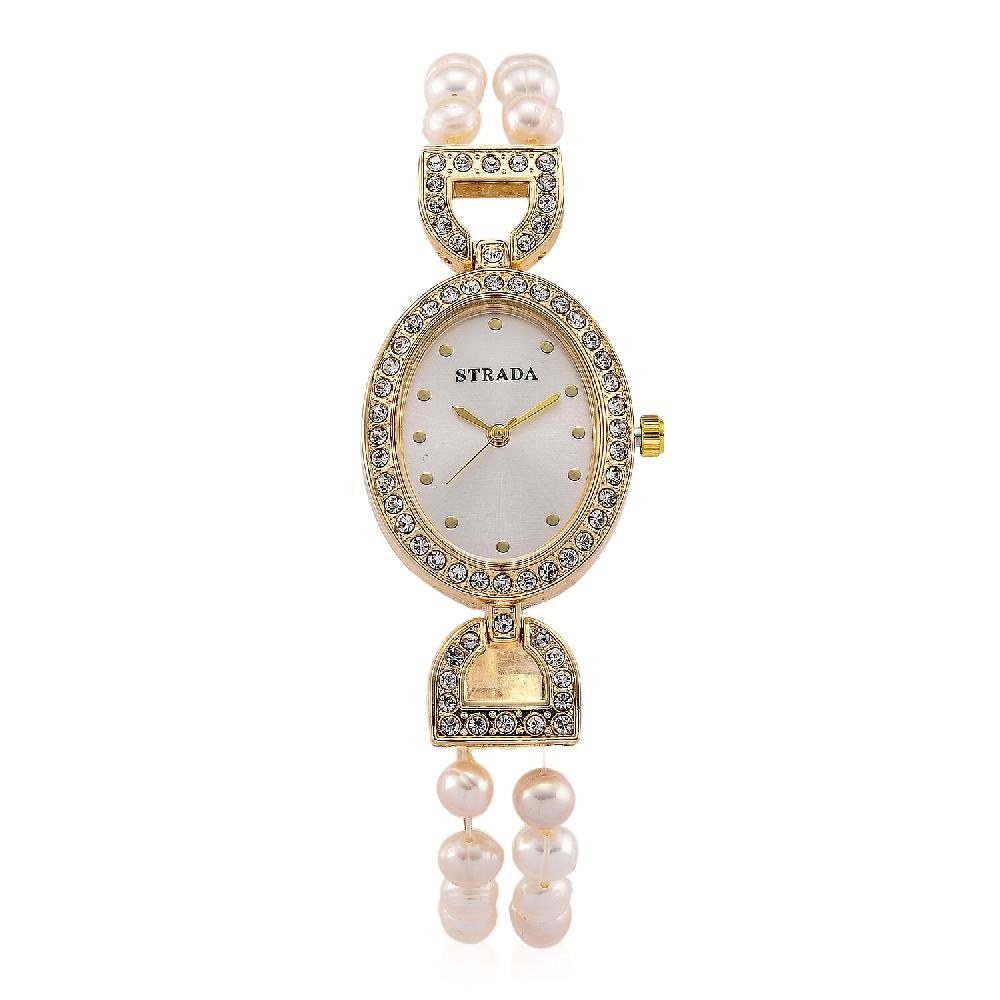 Strada Freshwater Pearl Austrian Crystal Japanese Movement Watch in Goldtone