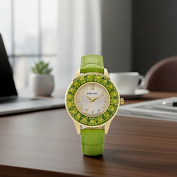 Strada Green Color Murano Style Japanese Movement Watch With Green Leather Strap (37mm)