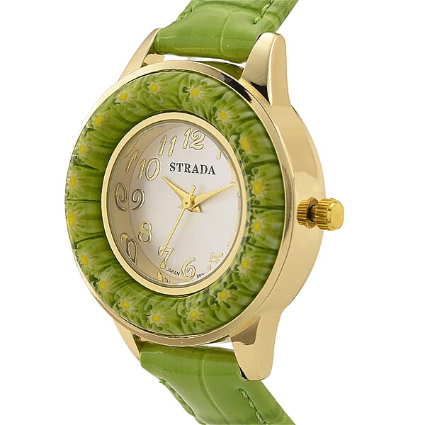 Strada Green Color Murano Style Japanese Movement Watch With Green Leather Strap (37mm)