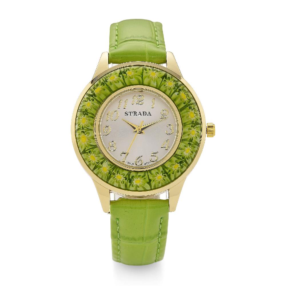 Strada Green Color Murano Style Japanese Movement Watch with Green Leather Strap (37mm)