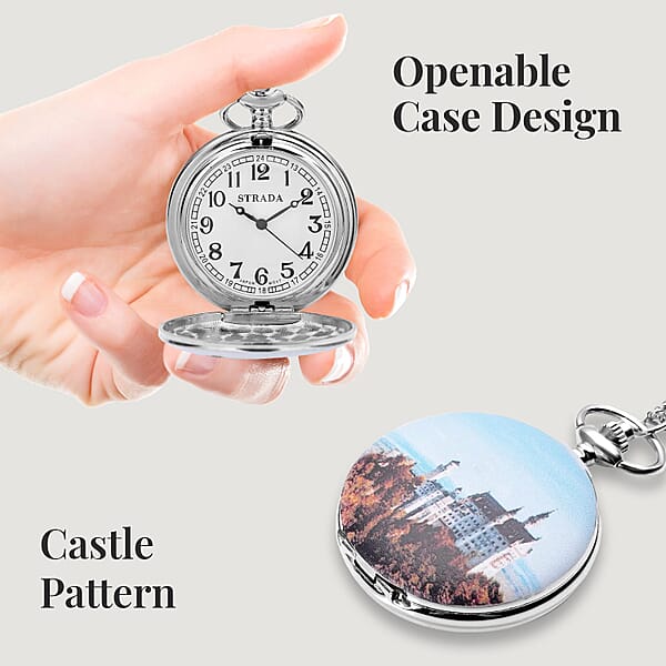 Strada Japanese Movement Castle Pattern Pocket Watch With Silvertone Chain (up To 31 Inches)