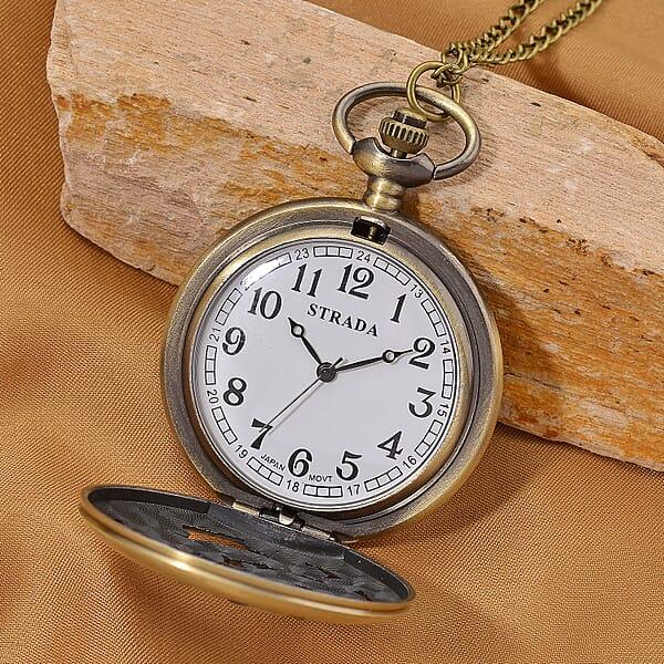 Strada Japanese Movement Dragon And Phoenix Pattern Pocket Watch With Chain (36 Inches) In Rosetone
