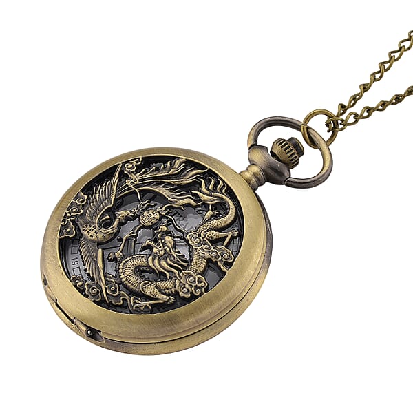 Strada Japanese Movement Dragon And Phoenix Pattern Pocket Watch With Chain (36 Inches) In Rosetone