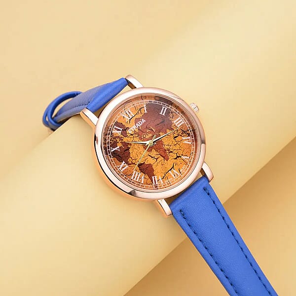 Strada Japanese Movement Earth Pattern Dial Watch In Blue Faux Leather Strap (37mm) (6.75 -8.50 Inches)