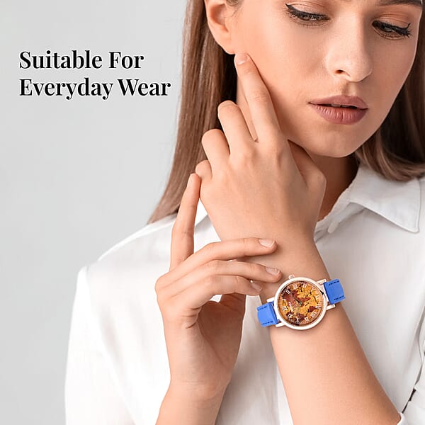 Strada Japanese Movement Earth Pattern Dial Watch In Blue Faux Leather Strap (37mm) (6.75 -8.50 Inches)