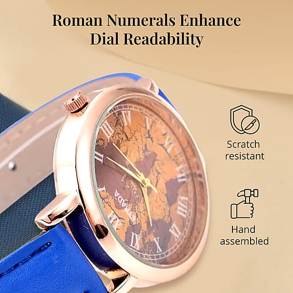 Strada Japanese Movement Earth Pattern Dial Watch In Blue Faux Leather Strap (37mm) (6.75 -8.50 Inches)