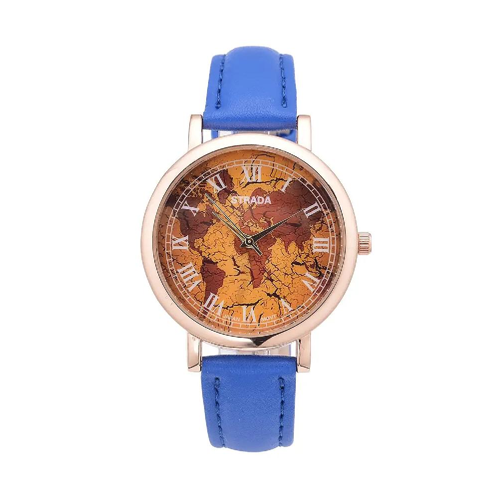 Strada Japanese Movement Earth Pattern Dial Watch in Blue Faux Leather Strap (37mm) (6.75 -8.50 Inches)