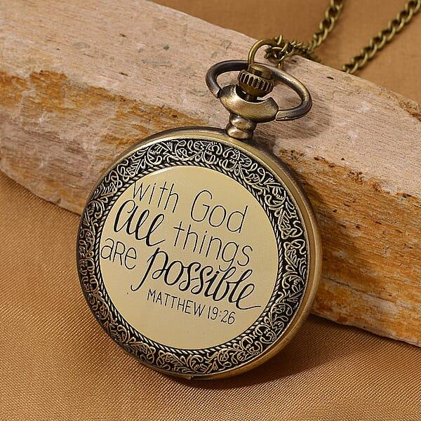 Strada Japanese Movement Gold Bottom With Gold Text Pattern Pocket Watch With Chain (36 Inches) In Goldtone