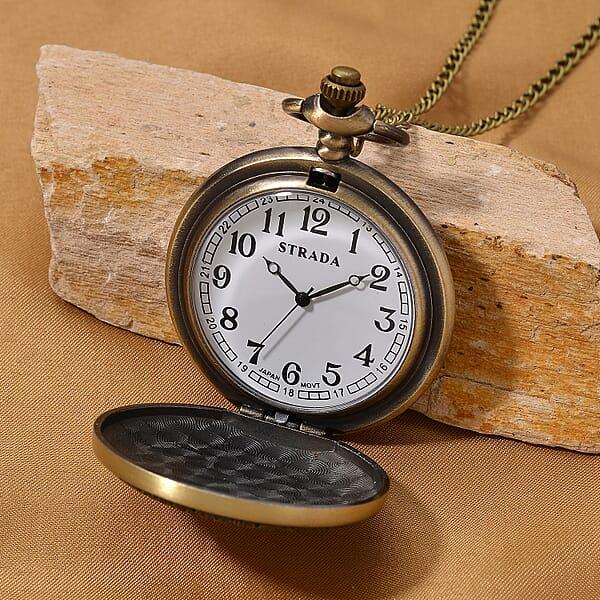 Strada Japanese Movement Gold Bottom With Gold Text Pattern Pocket Watch With Chain (36 Inches) In Goldtone