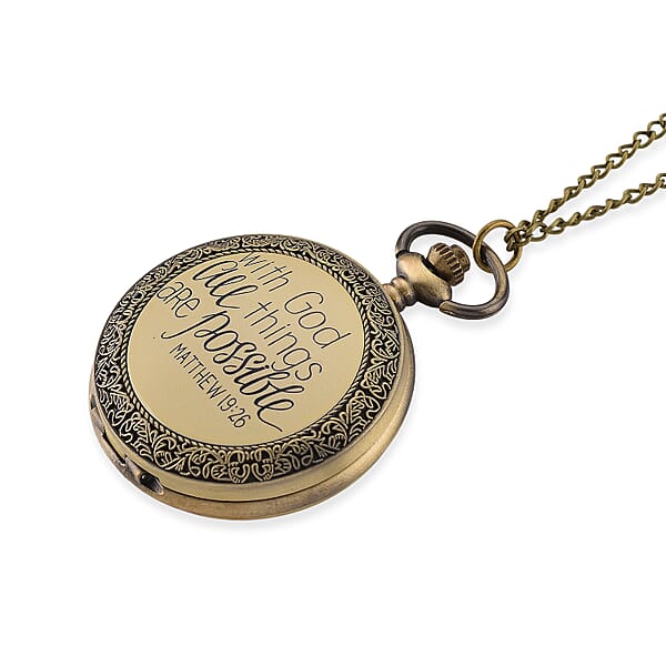 Strada Japanese Movement Gold Bottom With Gold Text Pattern Pocket Watch With Chain (36 Inches) In Goldtone