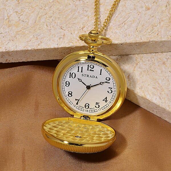 Strada Japanese Movement Green Flower Pattern Rotating Pocket Watch With Chain (36 Inches) In Goldtone