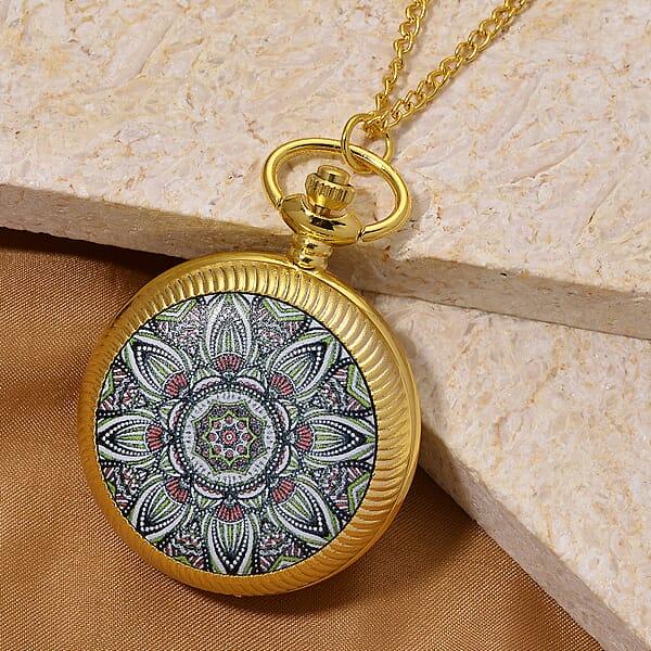 Strada Japanese Movement Green Flower Pattern Rotating Pocket Watch With Chain (36 Inches) In Goldtone