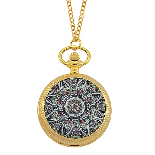 Strada Japanese Movement Green Flower Pattern Rotating Pocket Watch With Chain (36 Inches) In Goldtone