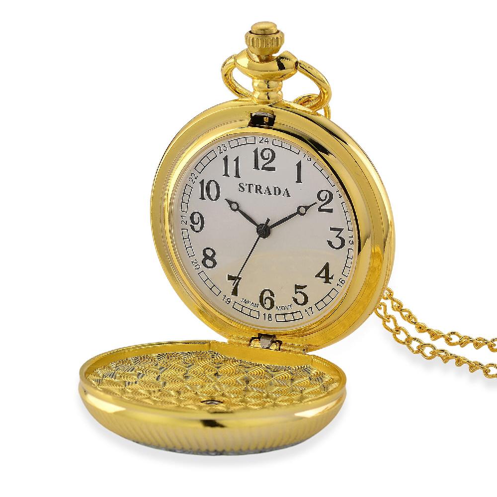 Strada Japanese Movement Green Flower Pattern Rotating Pocket Watch with Chain (36 Inches) in Goldtone