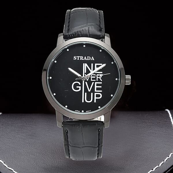 Strada Japanese Movement Never Give Up Dial Watch With Black Faux Leather Strap (40.38mm) (7.5-9.0 Inch)