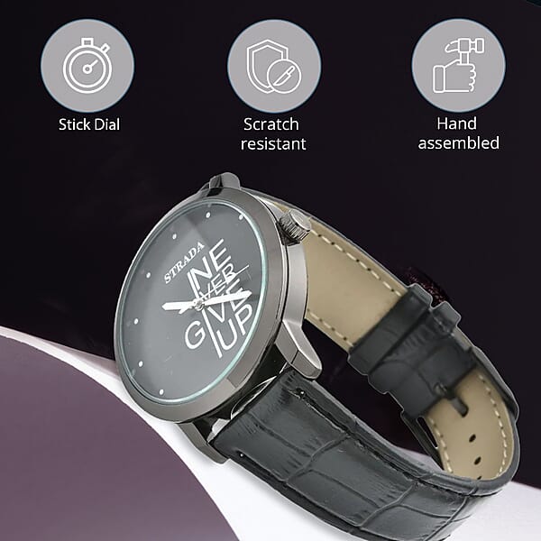 Strada Japanese Movement Never Give Up Dial Watch With Black Faux Leather Strap (40.38mm) (7.5-9.0 Inch)