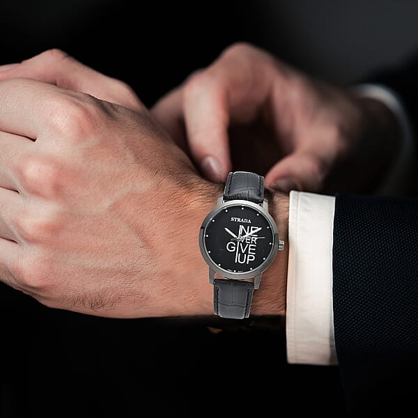 Strada Japanese Movement Never Give Up Dial Watch With Black Faux Leather Strap (40.38mm) (7.5-9.0 Inch)