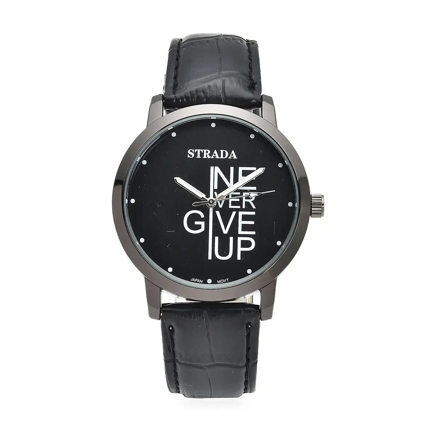 Strada Japanese Movement Never Give Up Dial Watch with Black Faux Leather Strap (40.38mm) (7.5-9.0 Inch)