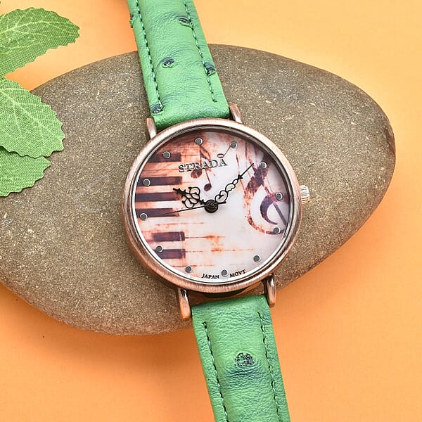 Strada Japanese Movement Piano Pattern Dial Watch In Green Ostrich Embossed Faux Leather Strap