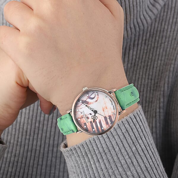 Strada Japanese Movement Piano Pattern Dial Watch In Green Ostrich Embossed Faux Leather Strap