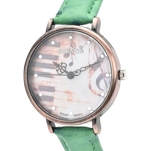 Strada Japanese Movement Piano Pattern Dial Watch In Green Ostrich Embossed Faux Leather Strap