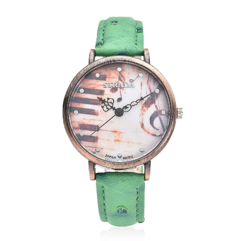 Strada Japanese Movement Piano Pattern Dial Watch in Green Ostrich Embossed Faux Leather Strap