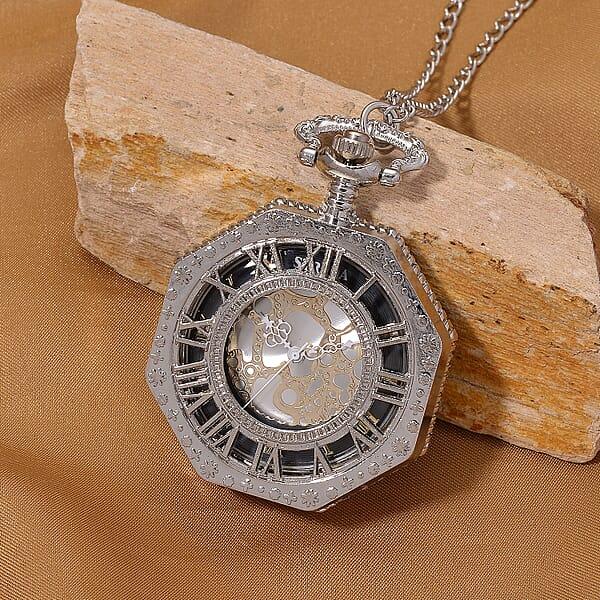 Strada Japanese Movement Roman Numeral Pocket Watch With Chain (36 Inches) In Silvertone