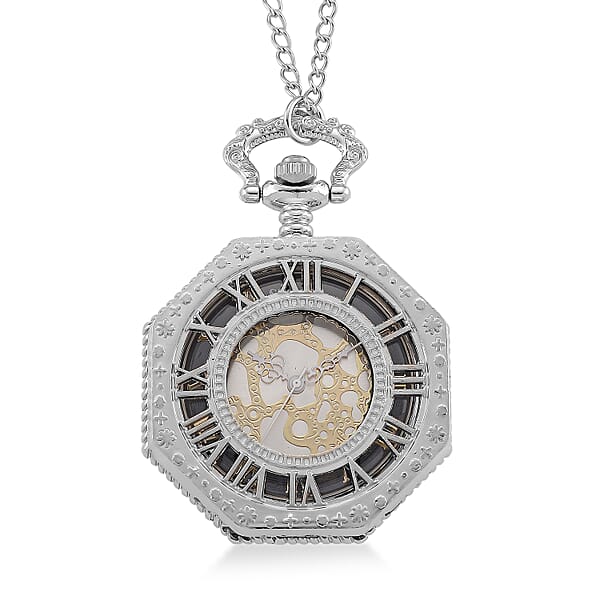 Strada Japanese Movement Roman Numeral Pocket Watch With Chain (36 Inches) In Silvertone