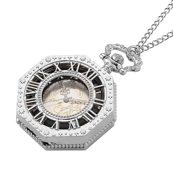 Strada Japanese Movement Roman Numeral Pocket Watch With Chain (36 Inches) In Silvertone