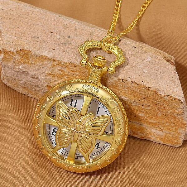 Strada Japanese Movement Rose Pattern Rotating Butterfly Pocket Watch With Chain (36 Inches) In Goldtone
