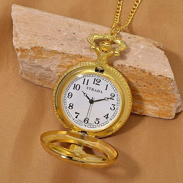 Strada Japanese Movement Rose Pattern Rotating Butterfly Pocket Watch With Chain (36 Inches) In Goldtone