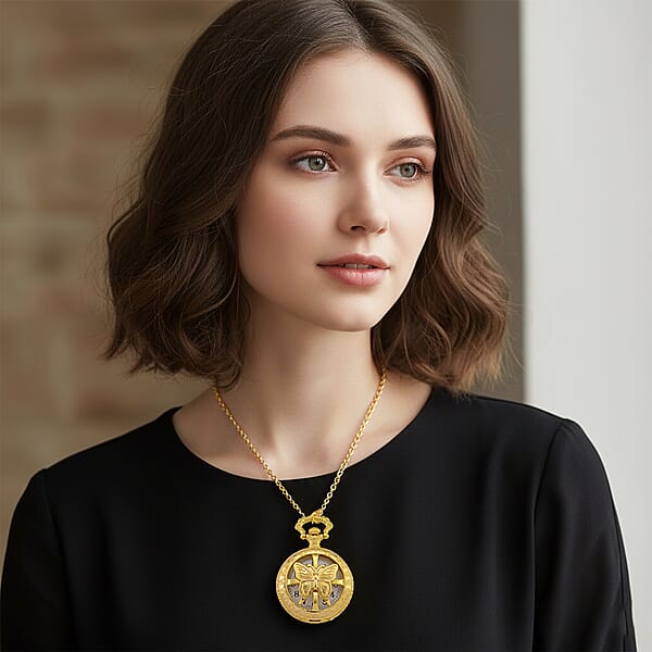 Strada Japanese Movement Rose Pattern Rotating Butterfly Pocket Watch With Chain (36 Inches) In Goldtone