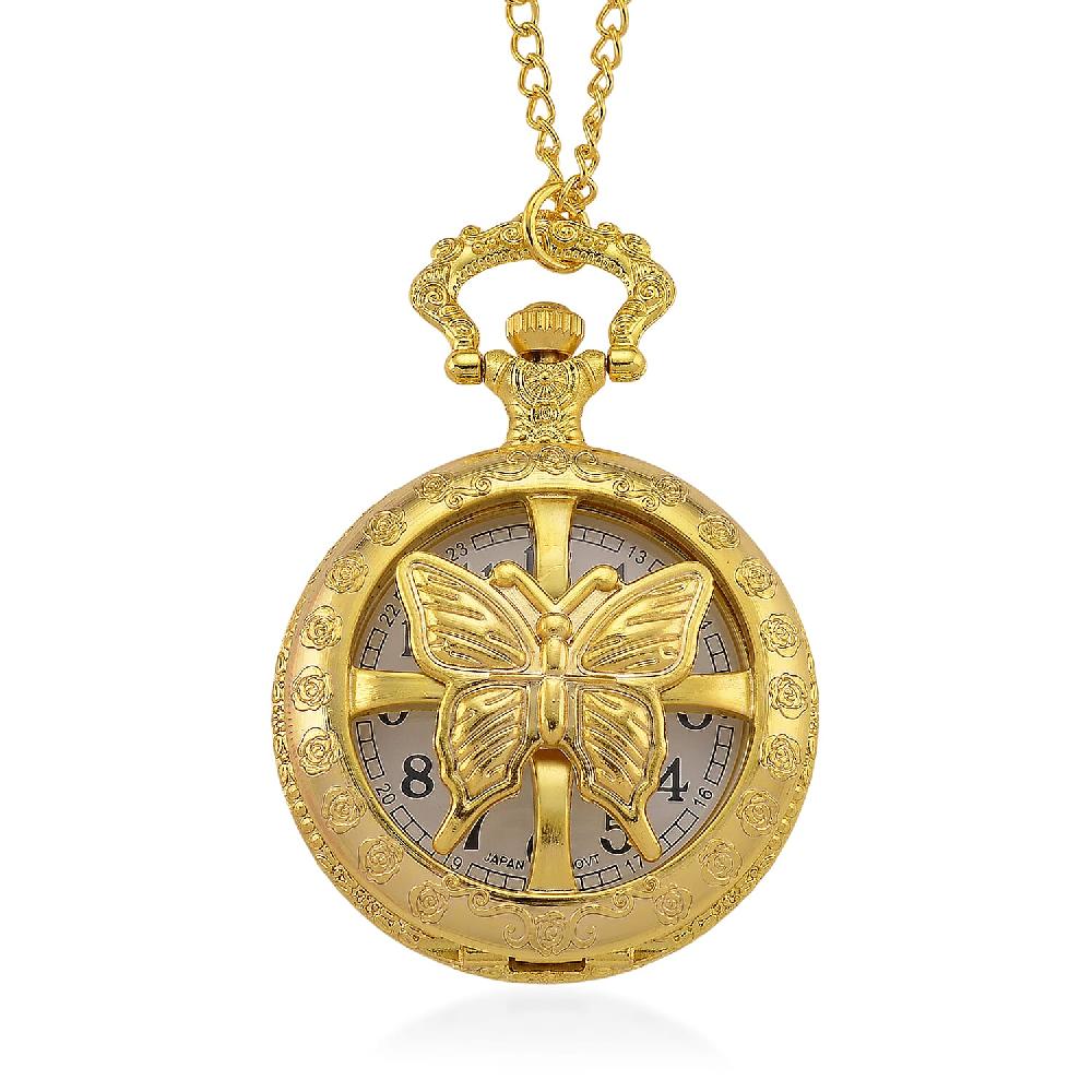 Strada Japanese Movement Rose Pattern Rotating Butterfly Pocket Watch with Chain (36 Inches) in Goldtone