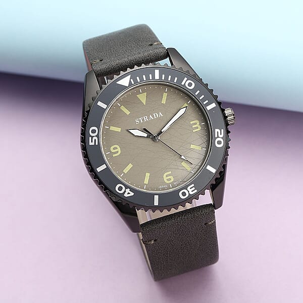 Strada Japanese Movement Watch With Dark Gray Faux Leather Strap (42mm) (8.25-9.25Inches)