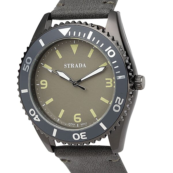 Strada Japanese Movement Watch With Dark Gray Faux Leather Strap (42mm) (8.25-9.25Inches)