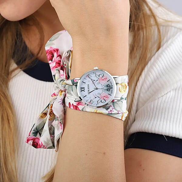 Strada Japanese Movement Watch With Multi Color Floral Printed Chiffon Strap (34.5 Inch)