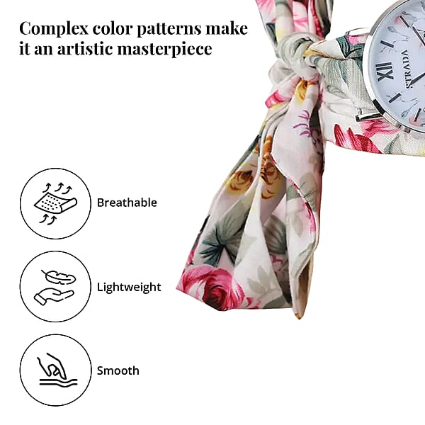 Strada Japanese Movement Watch With Multi Color Floral Printed Chiffon Strap (34.5 Inch)