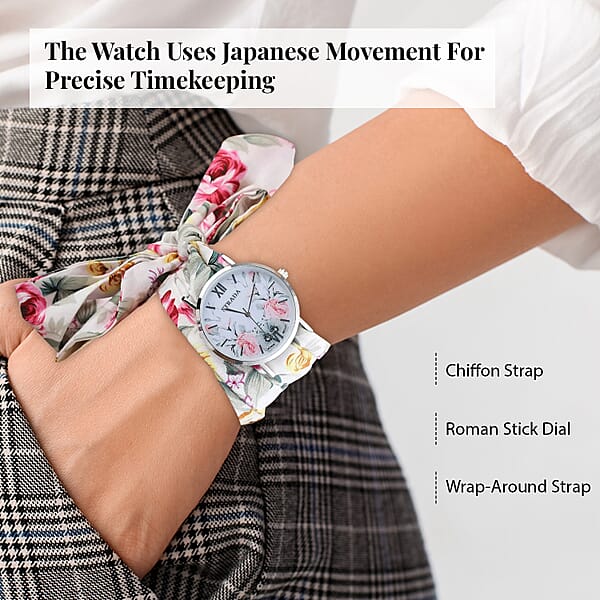 Strada Japanese Movement Watch With Multi Color Floral Printed Chiffon Strap (34.5 Inch)