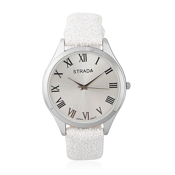 Strada Japanese Movement Watch With White Sequin Faux Leather Strap And White Solid Acrylic Scarf