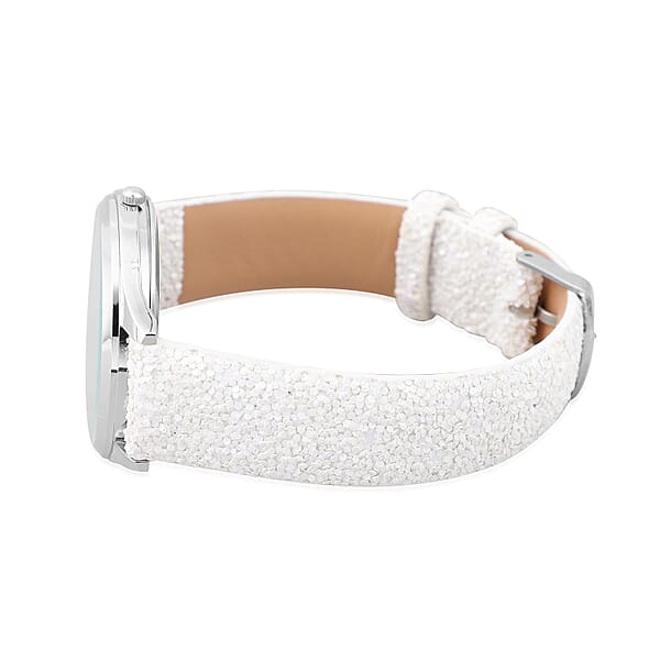 Strada Japanese Movement Watch With White Sequin Faux Leather Strap And White Solid Acrylic Scarf