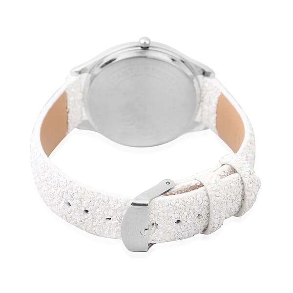 Strada Japanese Movement Watch With White Sequin Faux Leather Strap And White Solid Acrylic Scarf