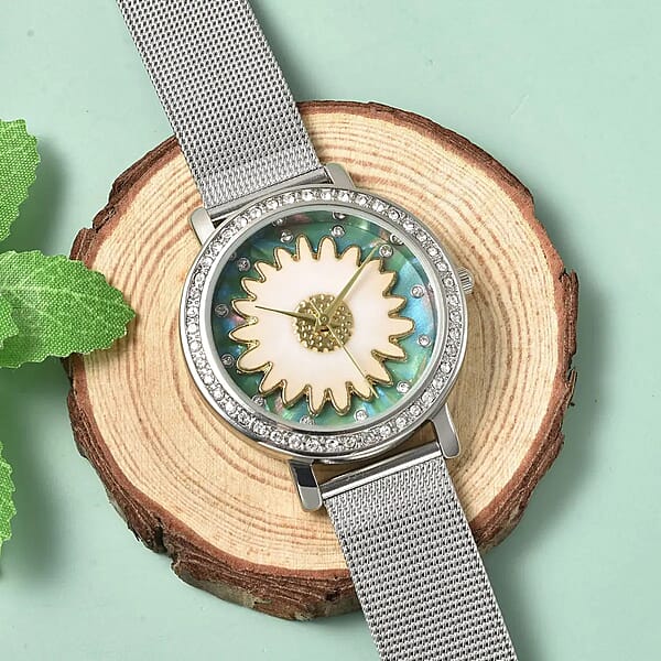 Strada Japanese Movement White Austrian Crystal Green Dial & White Flower Pattern Watch With Stainless Steel Mesh Strap (35.80 Mm) (6.75-8.00 Inches)