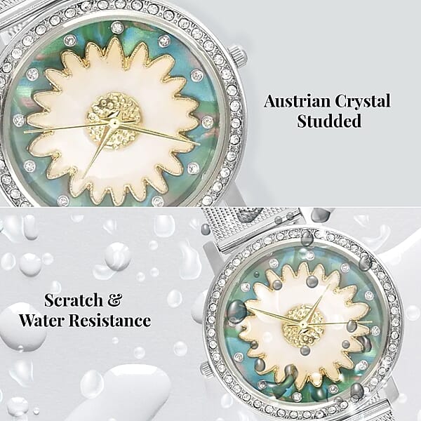 Strada Japanese Movement White Austrian Crystal Green Dial & White Flower Pattern Watch With Stainless Steel Mesh Strap (35.80 Mm) (6.75-8.00 Inches)