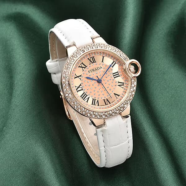 Strada Japanese Movement White Austrian Crystal Watch With White Faux Leather Strap (36mm) (6.75 -8.00 Inches)