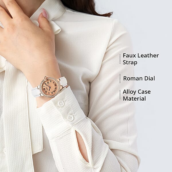 Strada Japanese Movement White Austrian Crystal Watch With White Faux Leather Strap (36mm) (6.75 -8.00 Inches)