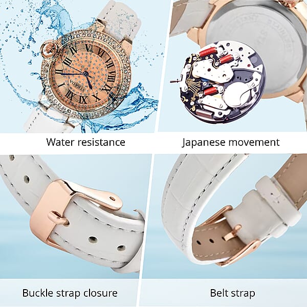 Strada Japanese Movement White Austrian Crystal Watch With White Faux Leather Strap (36mm) (6.75 -8.00 Inches)