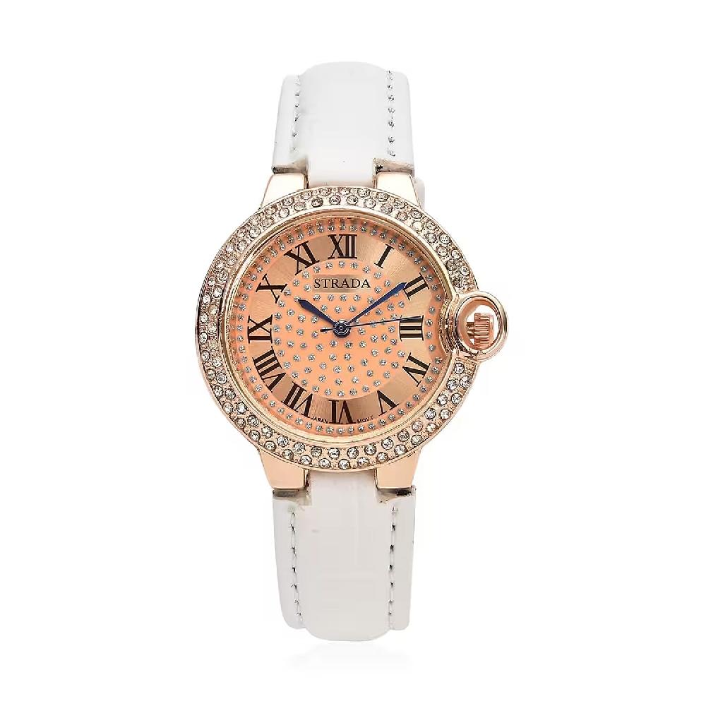 Strada Japanese Movement White Austrian Crystal Watch with White Faux Leather Strap (36mm) (6.75 -8.00 Inches)