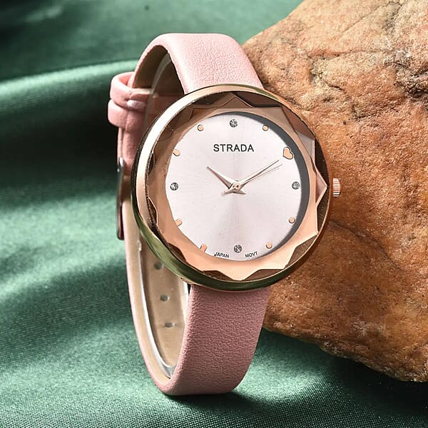 Strada Japanese Movement White Austrian Crystal With Pink Dial Watch In Pink Faux Leather Strap (36.32mm) (6.25-7.75 Inches)