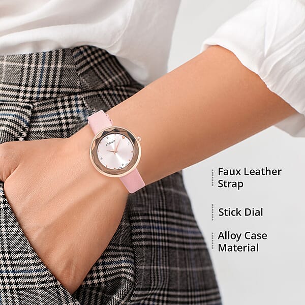 Strada Japanese Movement White Austrian Crystal With Pink Dial Watch In Pink Faux Leather Strap (36.32mm) (6.25-7.75 Inches)