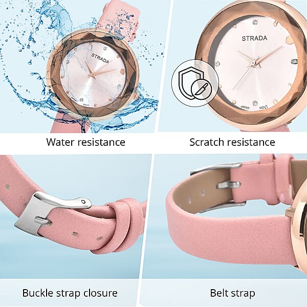 Strada Japanese Movement White Austrian Crystal With Pink Dial Watch In Pink Faux Leather Strap (36.32mm) (6.25-7.75 Inches)
